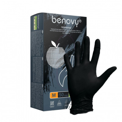Перчатки одноразовые нитриловые benovy M (черные) 100 шт